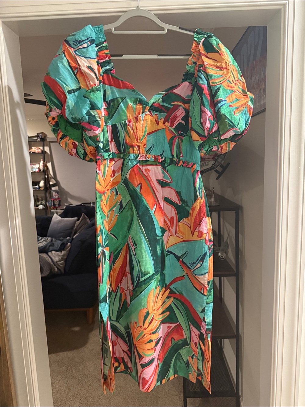 FARM Rio Turquoise Tropical Puff-Sleeve Midi Dress